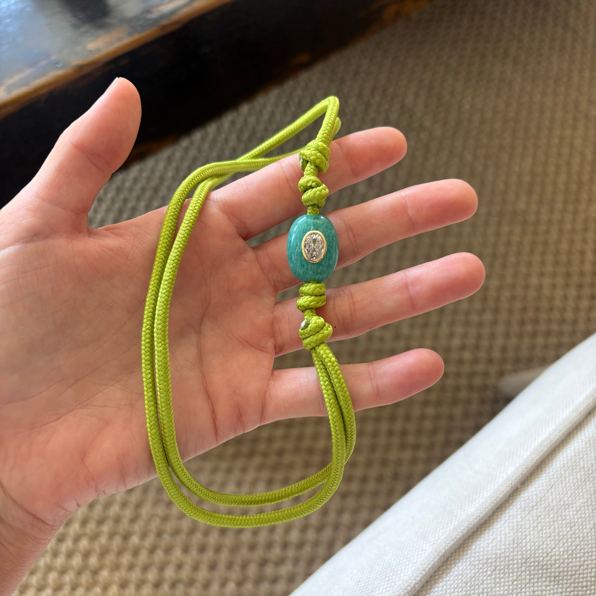 Chartreuse cord necklace with blue Amazonite stone