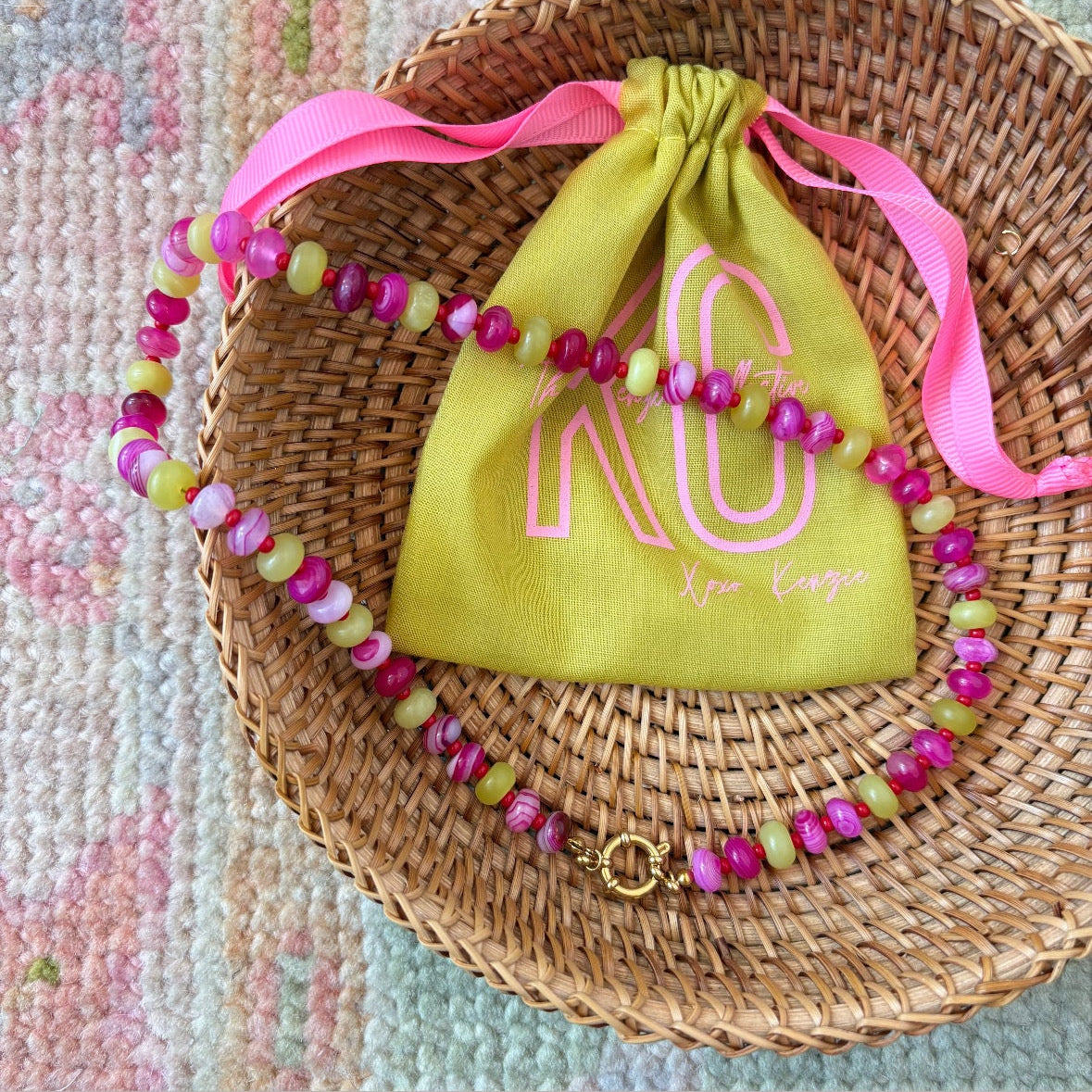 Holly necklace pink and chartreuse stone