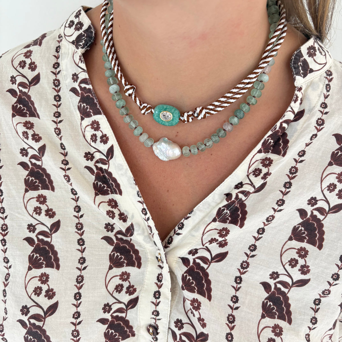 Brown stripe cord necklace with blue Amazonite stone