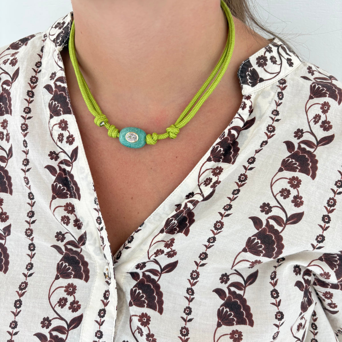 Chartreuse cord necklace with blue Amazonite stone