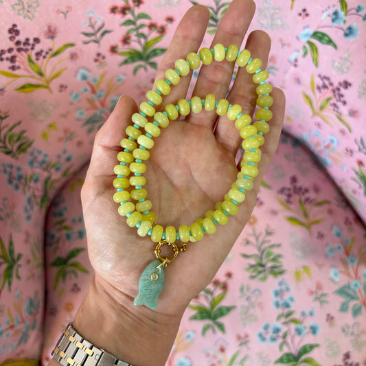 Lele beaded fish necklace chartreuse and blue