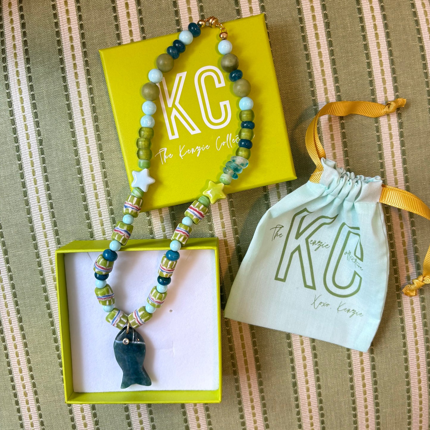 Margaret fish necklace green and navy