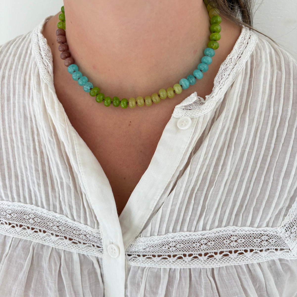 Corrine green and blue hand knotted necklace