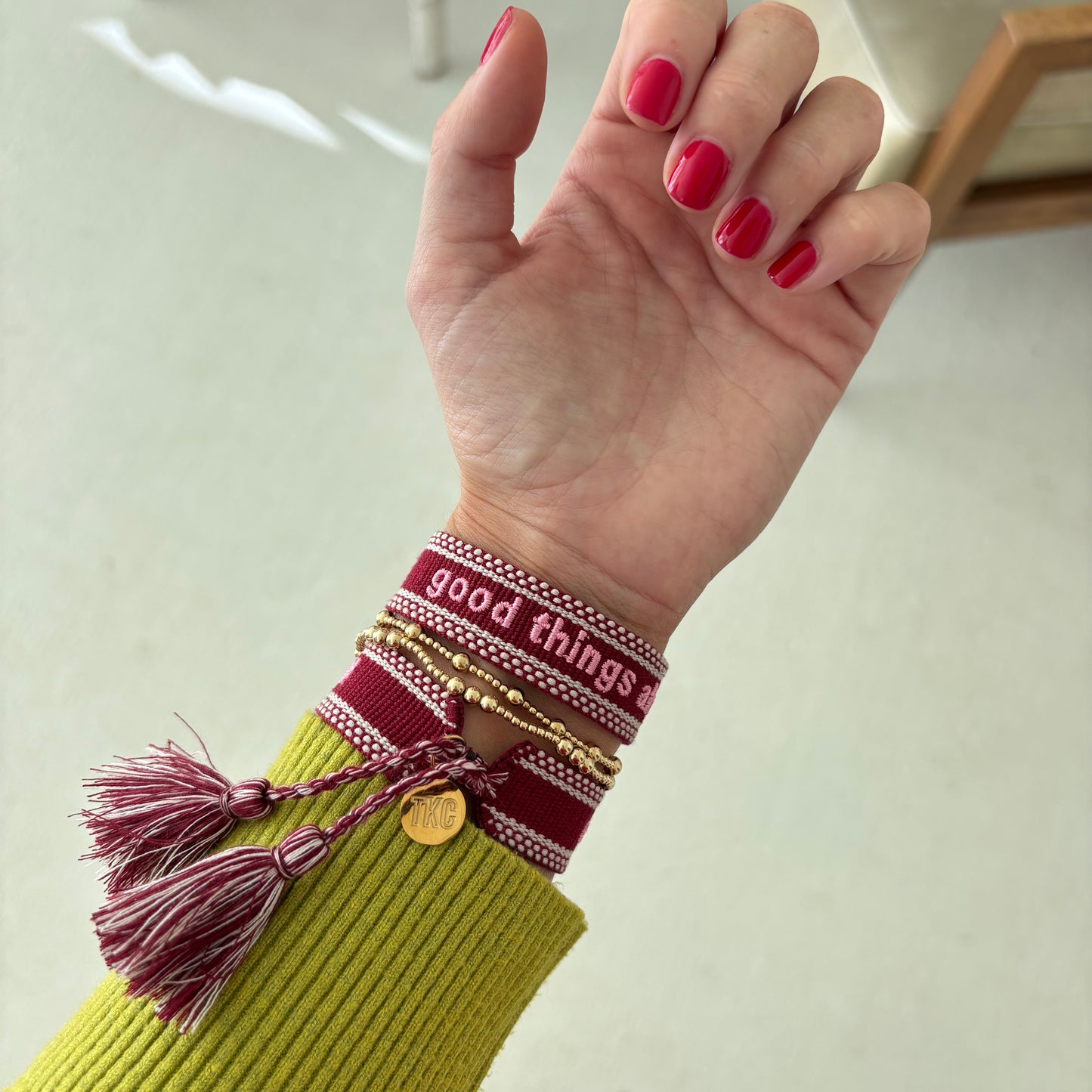 Good things ahead embroidered tassel bracelet
