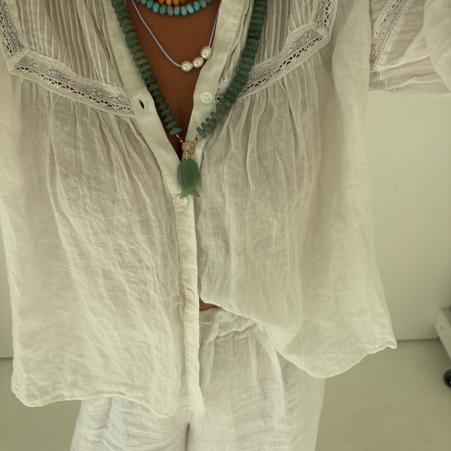 Catch of the day long necklace with green fish charm