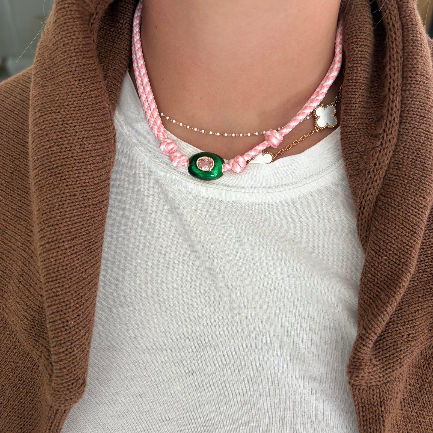 Pink striped cord necklace with green stone