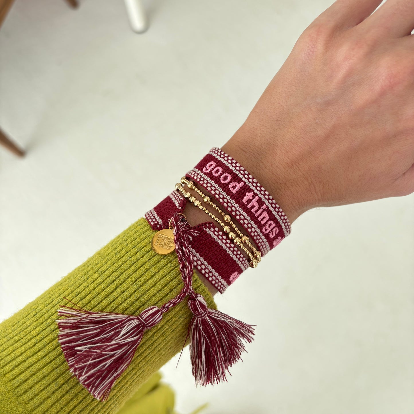 Good things ahead embroidered tassel bracelet
