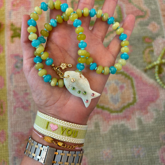 fancy fish # 2 chartreuse and blue beaded necklace