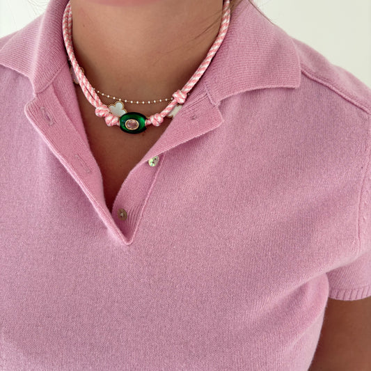 Pink striped cord necklace with green stone