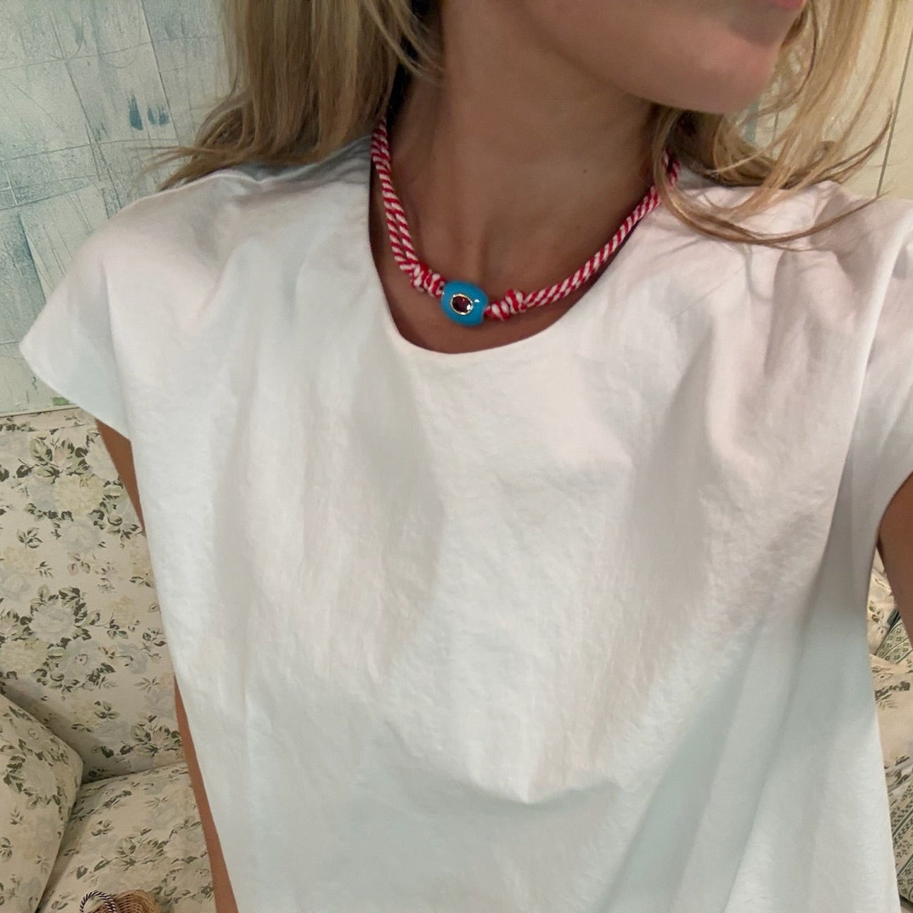 Red stripe cord necklace with blue stone game day
