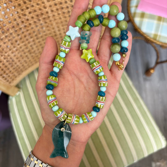 Margaret fish necklace green and navy