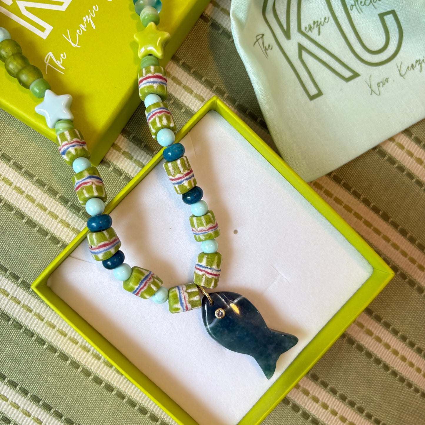 Margaret fish necklace green and navy