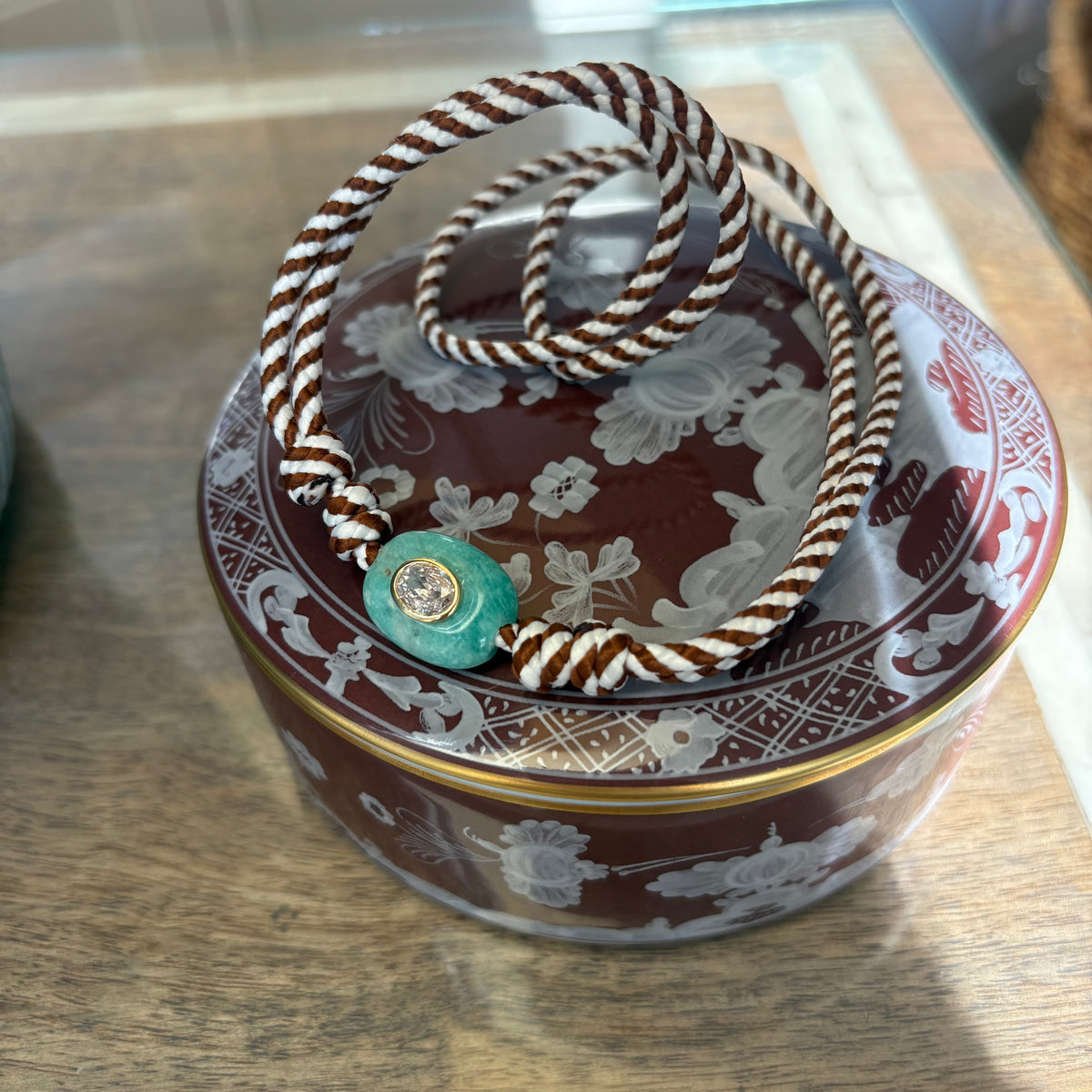Brown stripe cord necklace with blue Amazonite stone