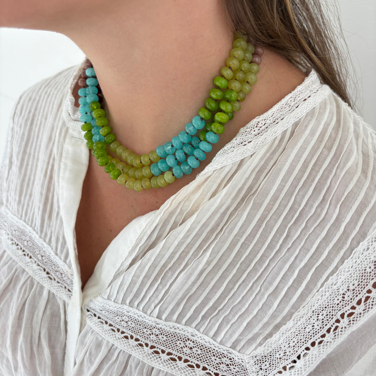 Corrine green and blue hand knotted necklace