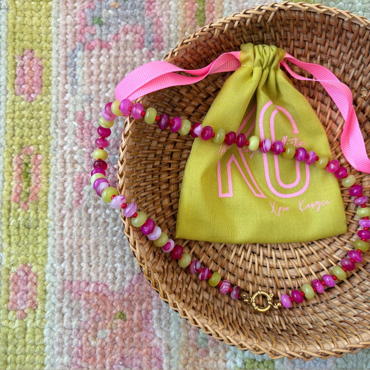 Holly necklace pink and chartreuse stone