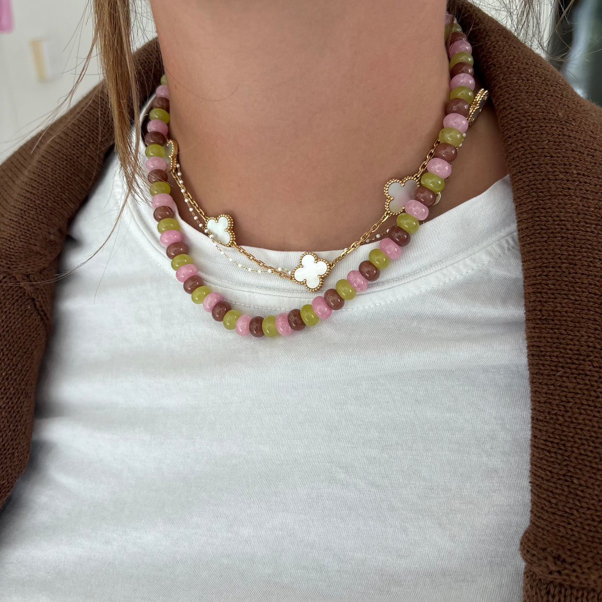 Bennet brown pink and chartreuse necklace