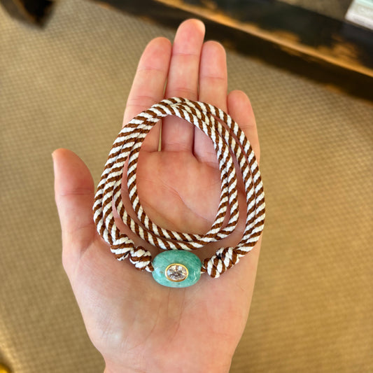 Brown stripe cord necklace with blue Amazonite stone -sold out- this is a preorder - ships Sept 11