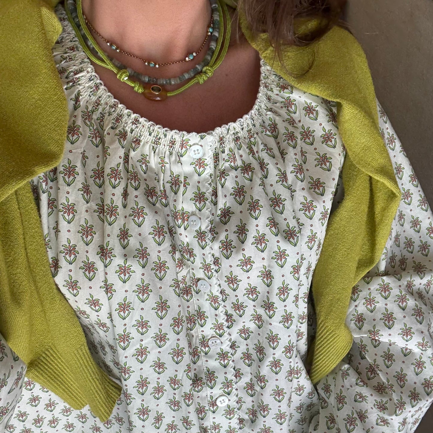 Green cord necklace with natural brown stone