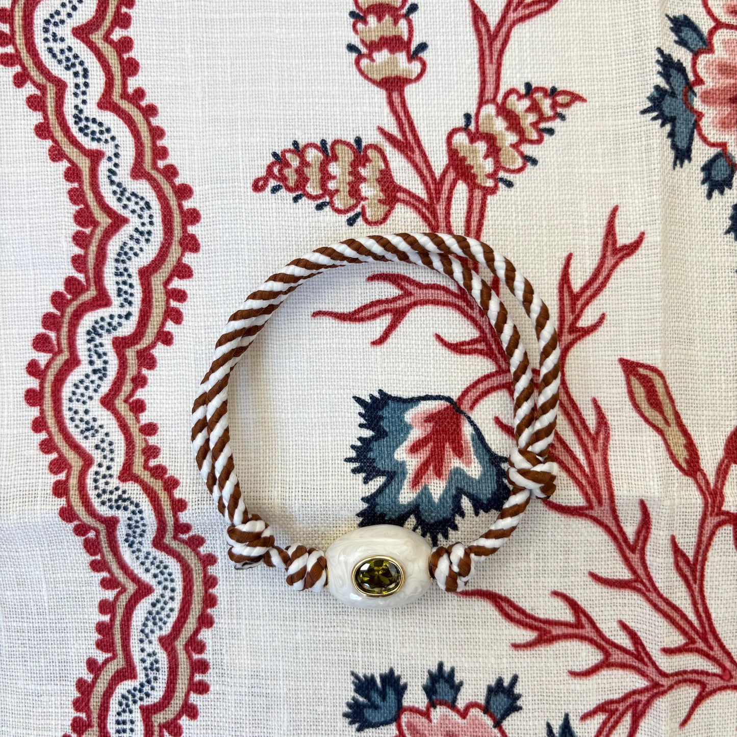 Brown stripe cord anklet / bracelet with white stone