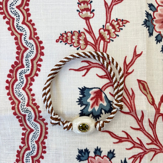 Brown stripe cord anklet / bracelet with white stone