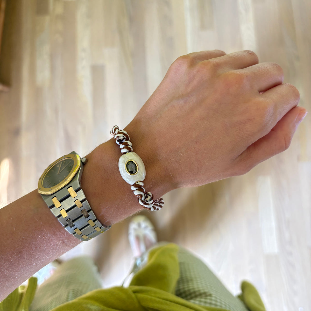 Brown stripe cord bracelet/ anklet with white stone