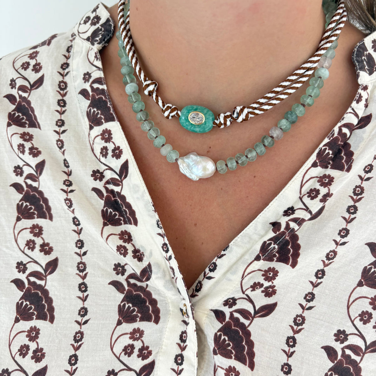 Brown stripe cord necklace with blue Amazonite stone