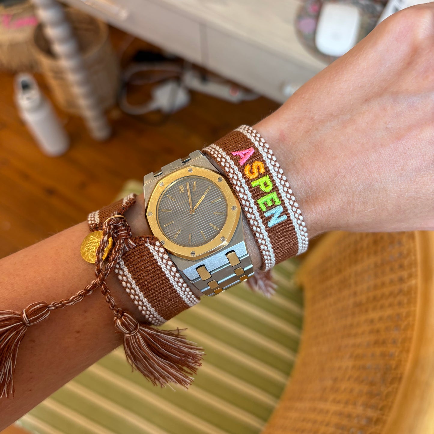 Aspen embroidered tassel bracelet chocolate brown