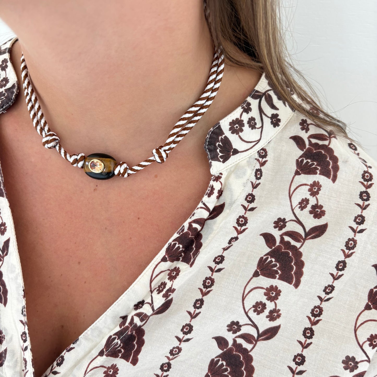 Brown stripe cord necklace with natural brown stone