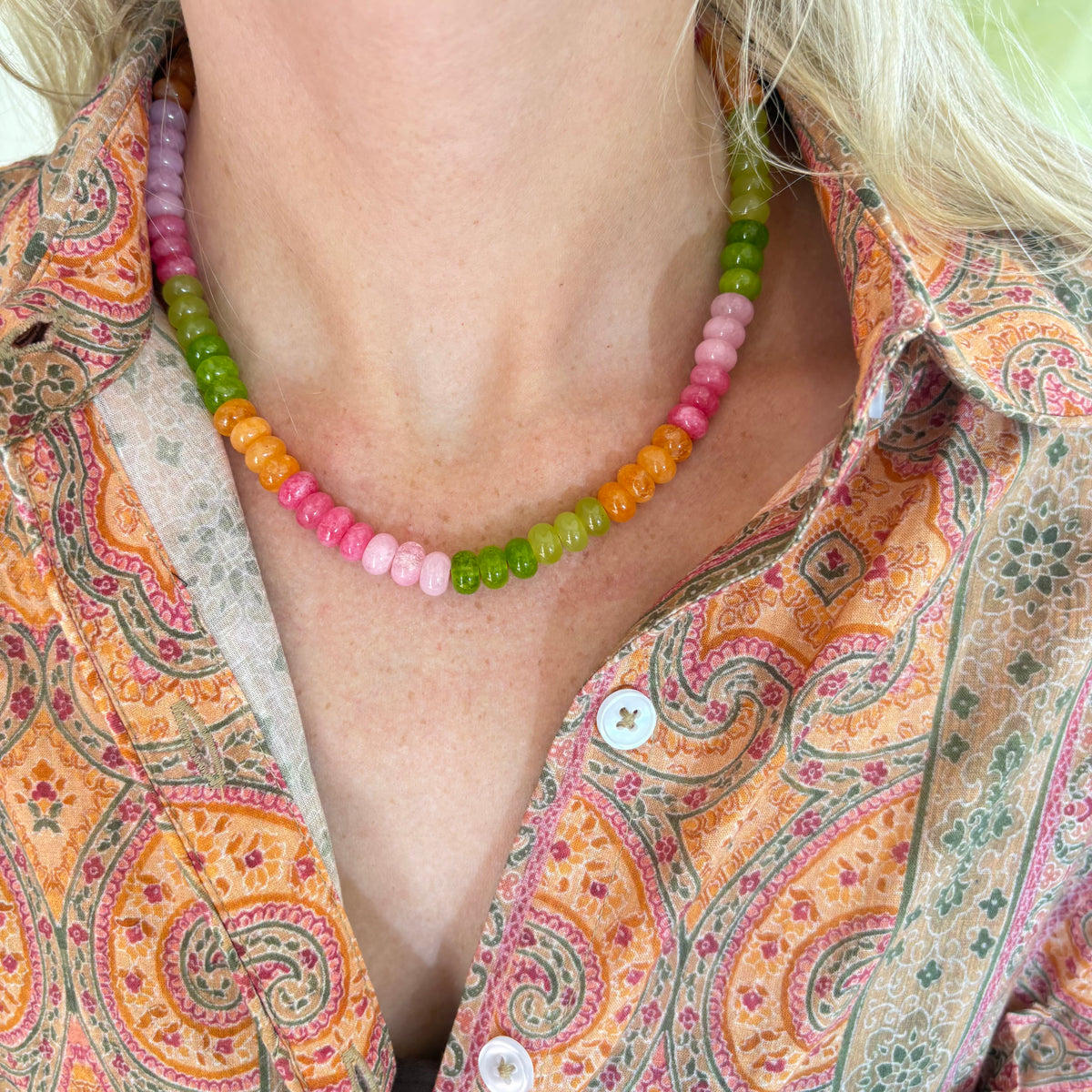 Orange green and pink stone necklace