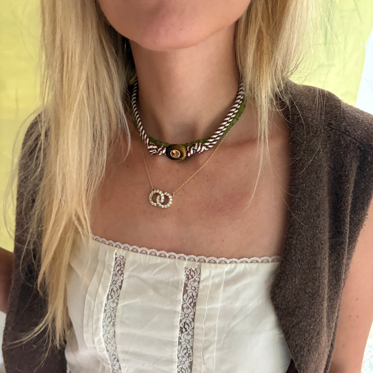 Brown stripe cord necklace with natural brown stone