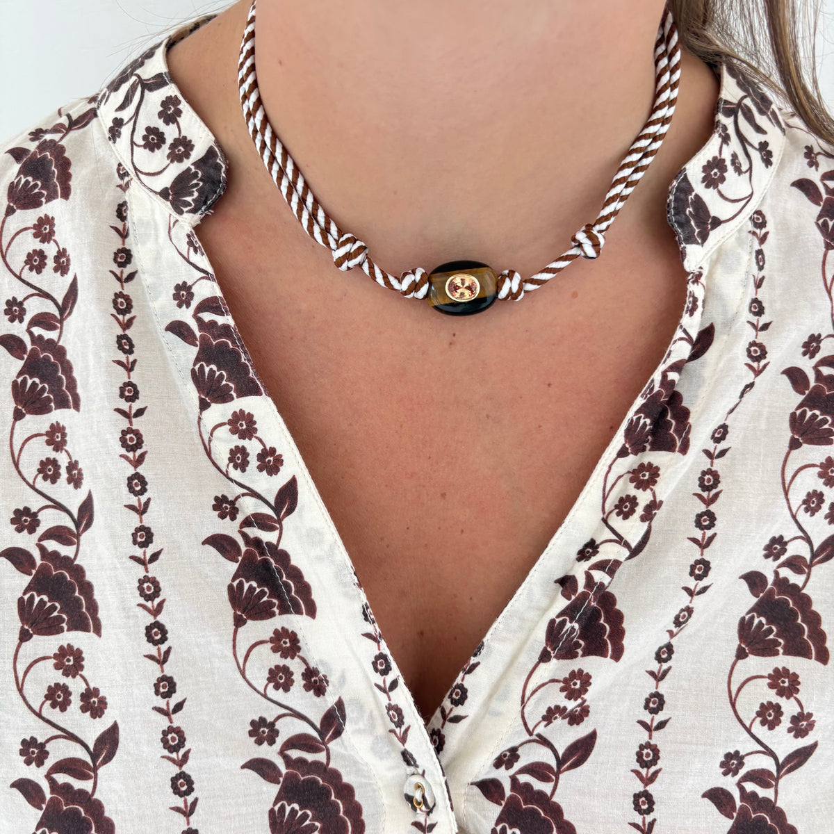 Brown stripe cord necklace with natural brown stone