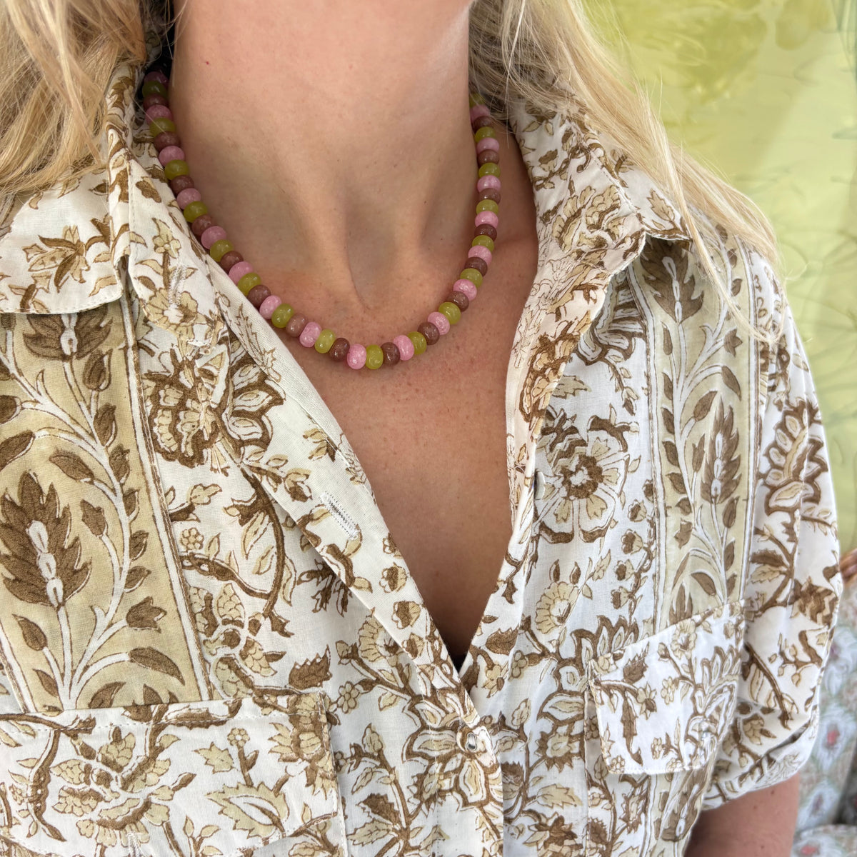 Bennet brown pink and chartreuse necklace