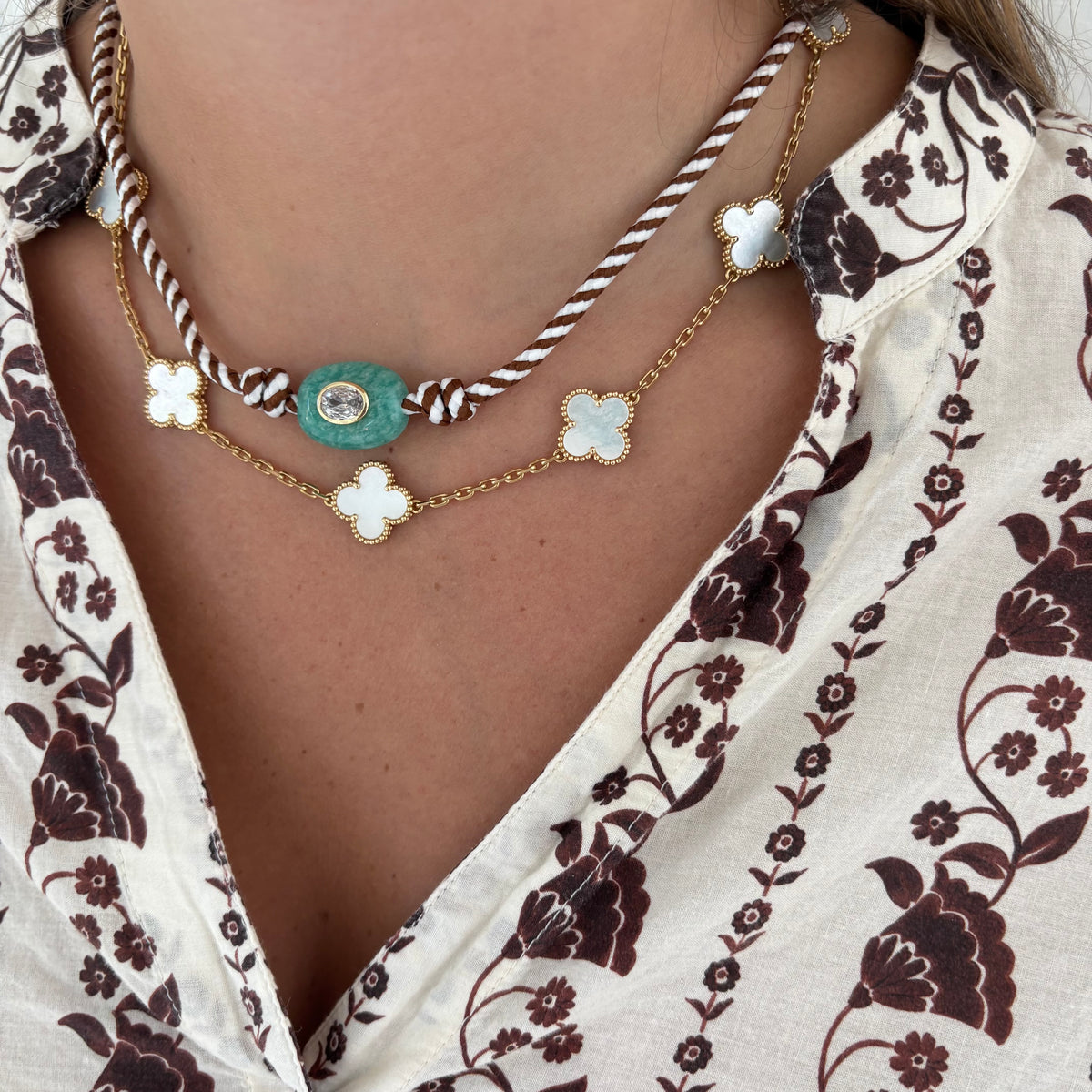 Brown stripe cord necklace with blue Amazonite stone