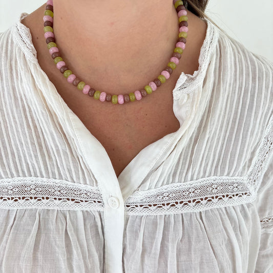 Baker brown and chartreuse stone necklace