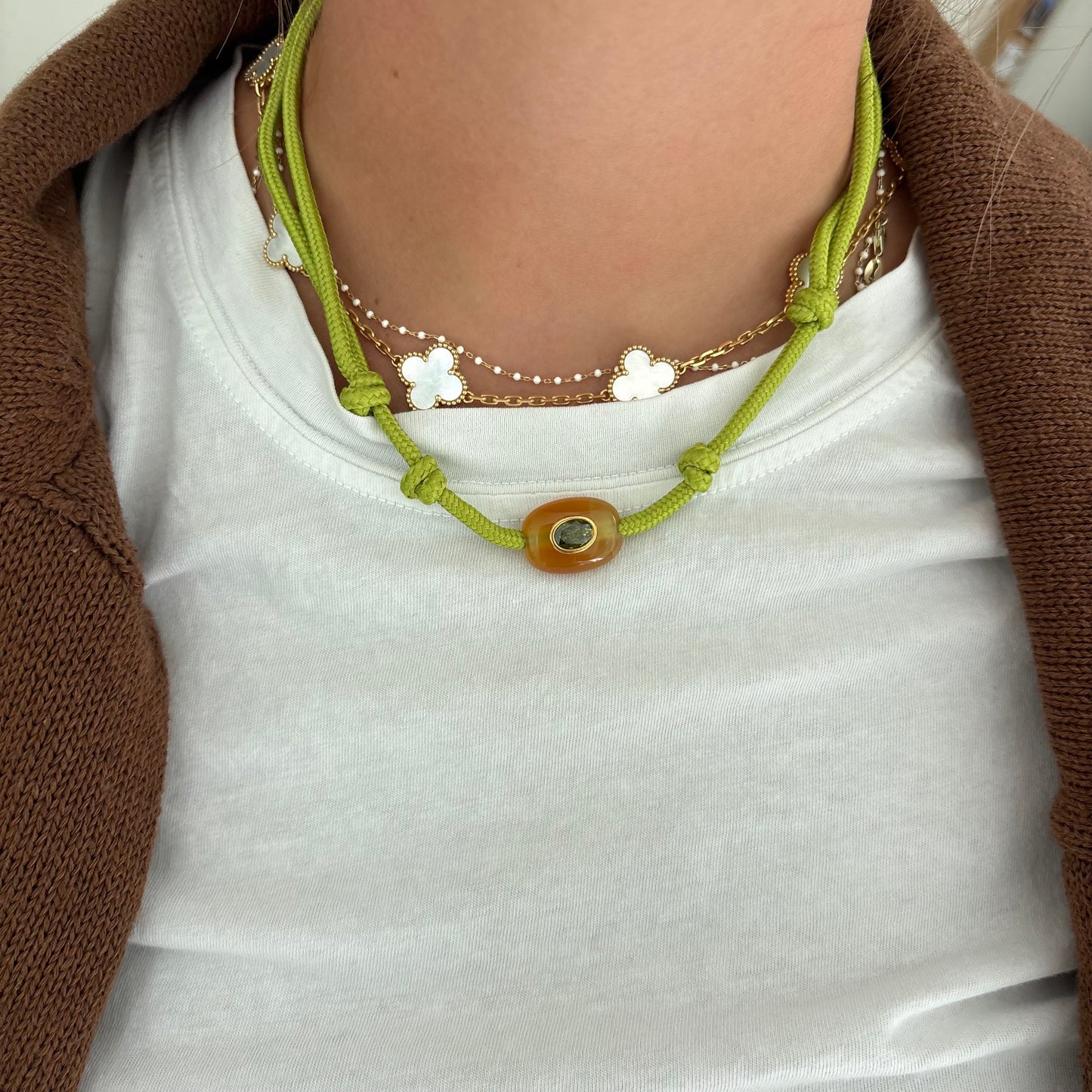 Green cord necklace with natural brown stone