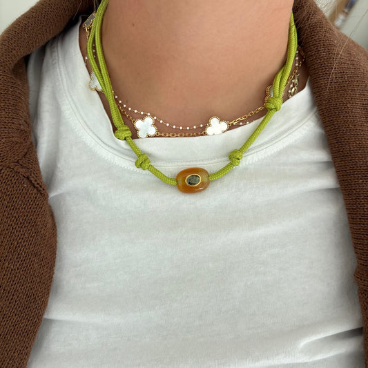 Green cord necklace with natural brown stone