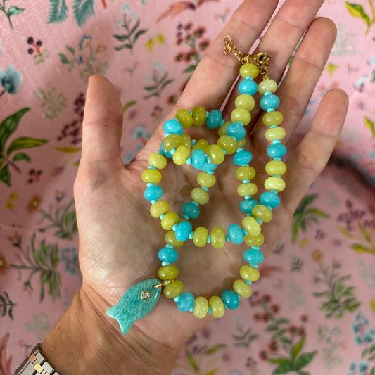 Lala chartreuse and blue fish necklace