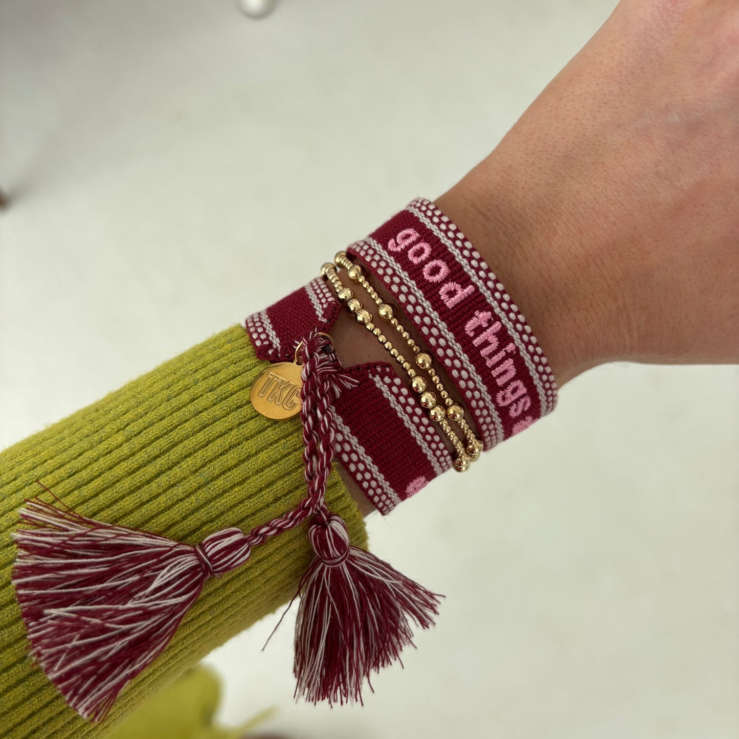 Good things ahead embroidered tassel bracelet