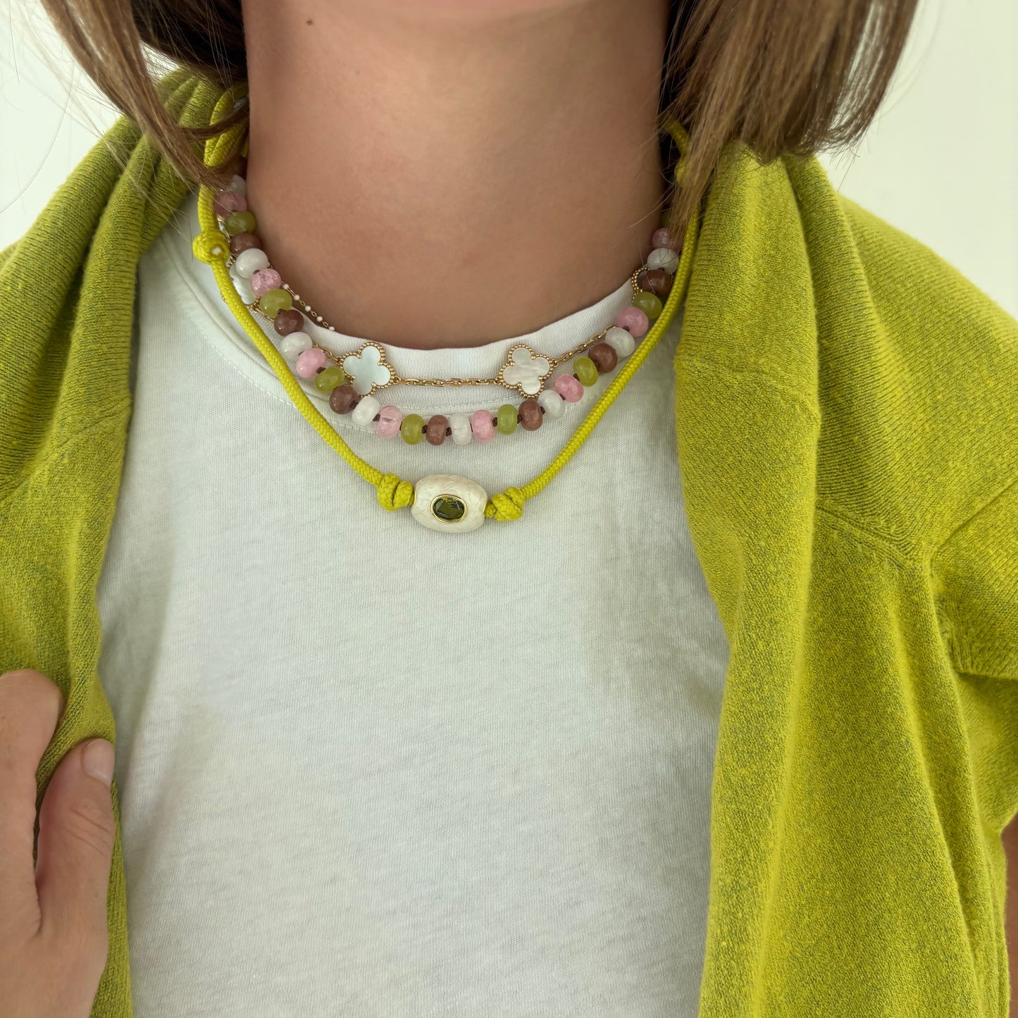 Chartreuse cord necklace with white stone