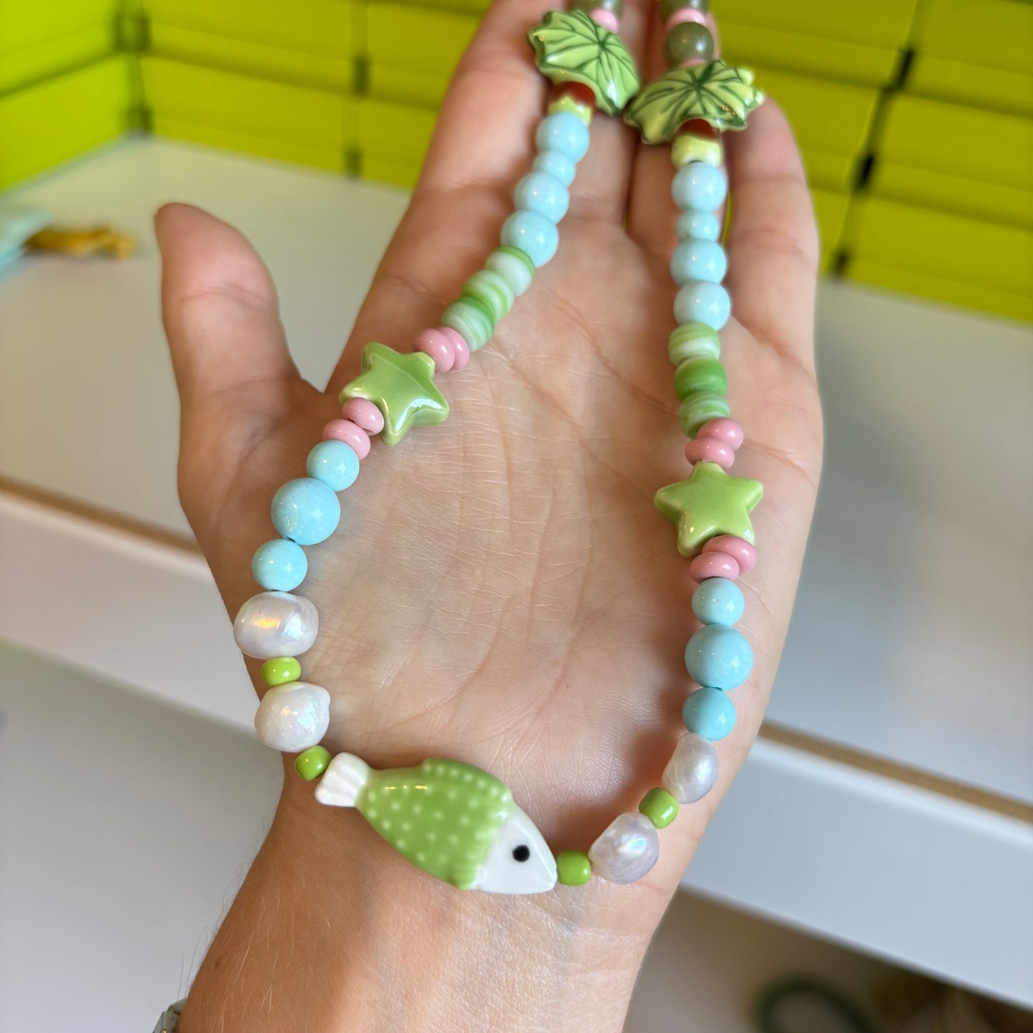 Fancy fish beaded necklace green and blue SHIPS JULY 14