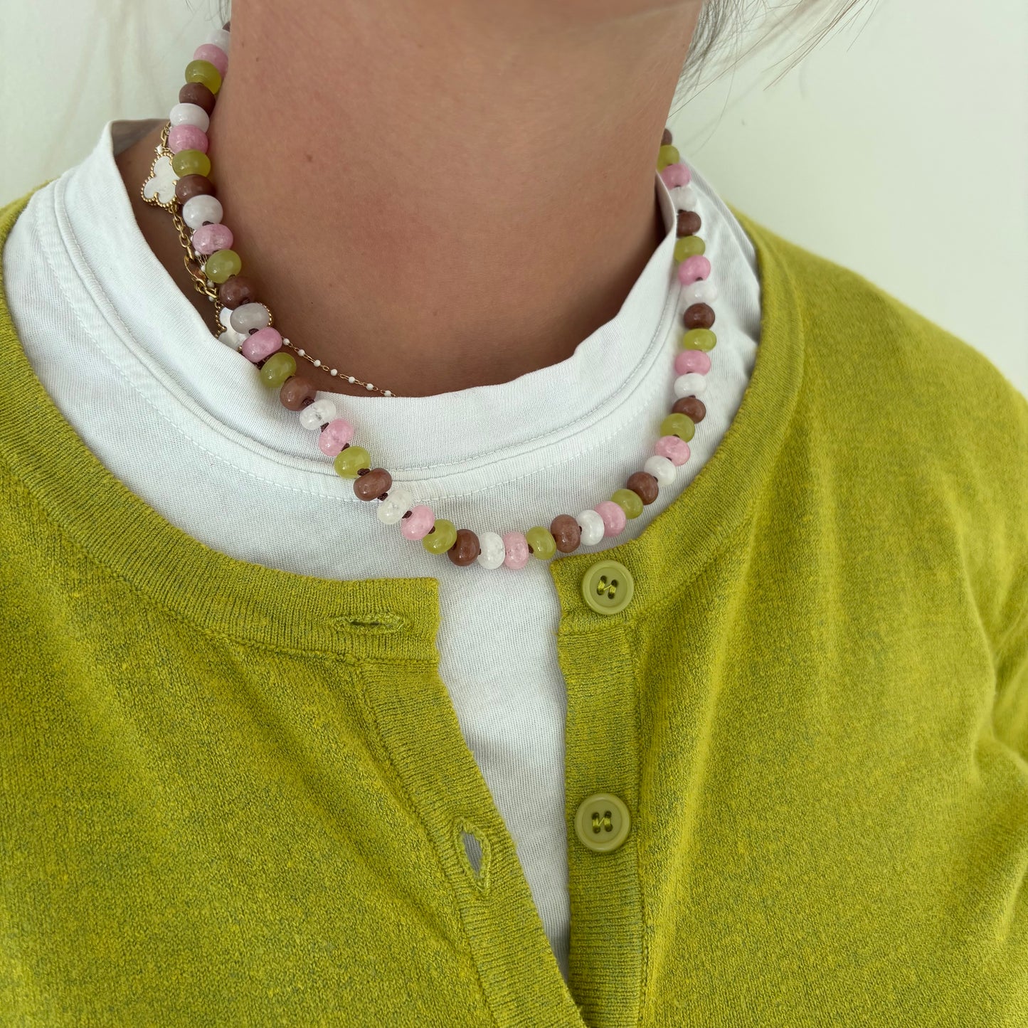 Celia hand knotted necklace chartreuse brown and pink stones