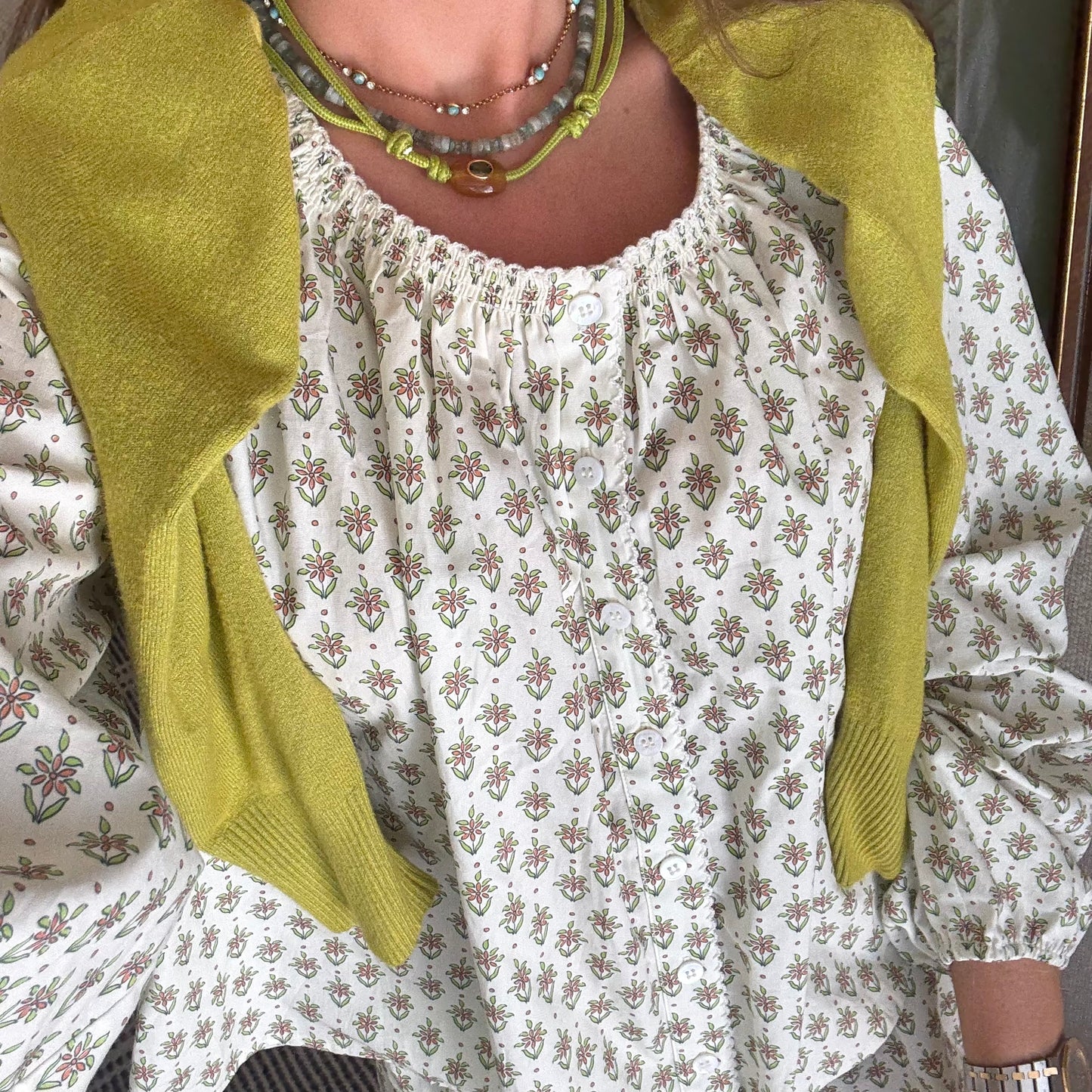 Green cord necklace with natural brown stone
