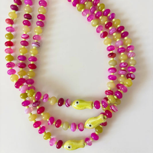 Lolly fish necklace chartreuse and pink