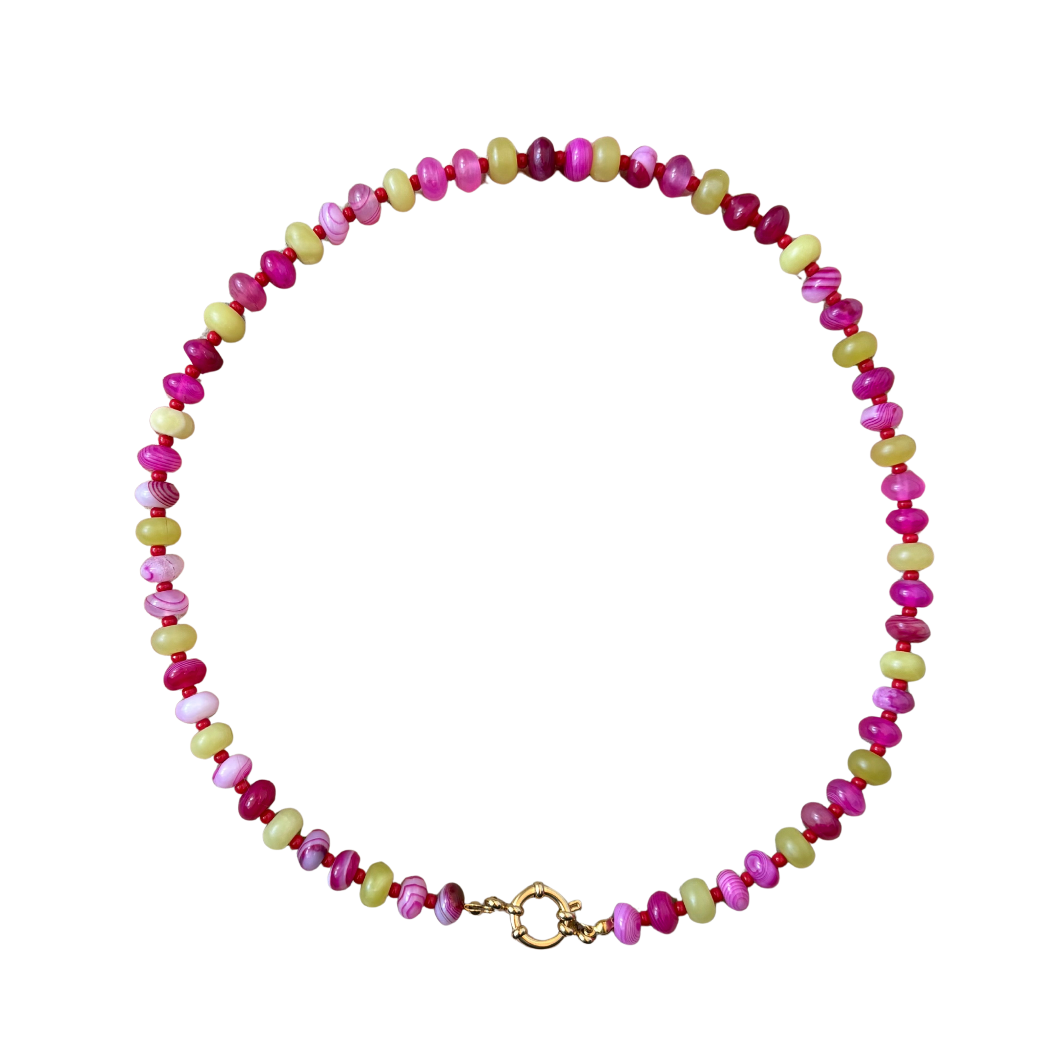 Holly necklace pink and chartreuse stone