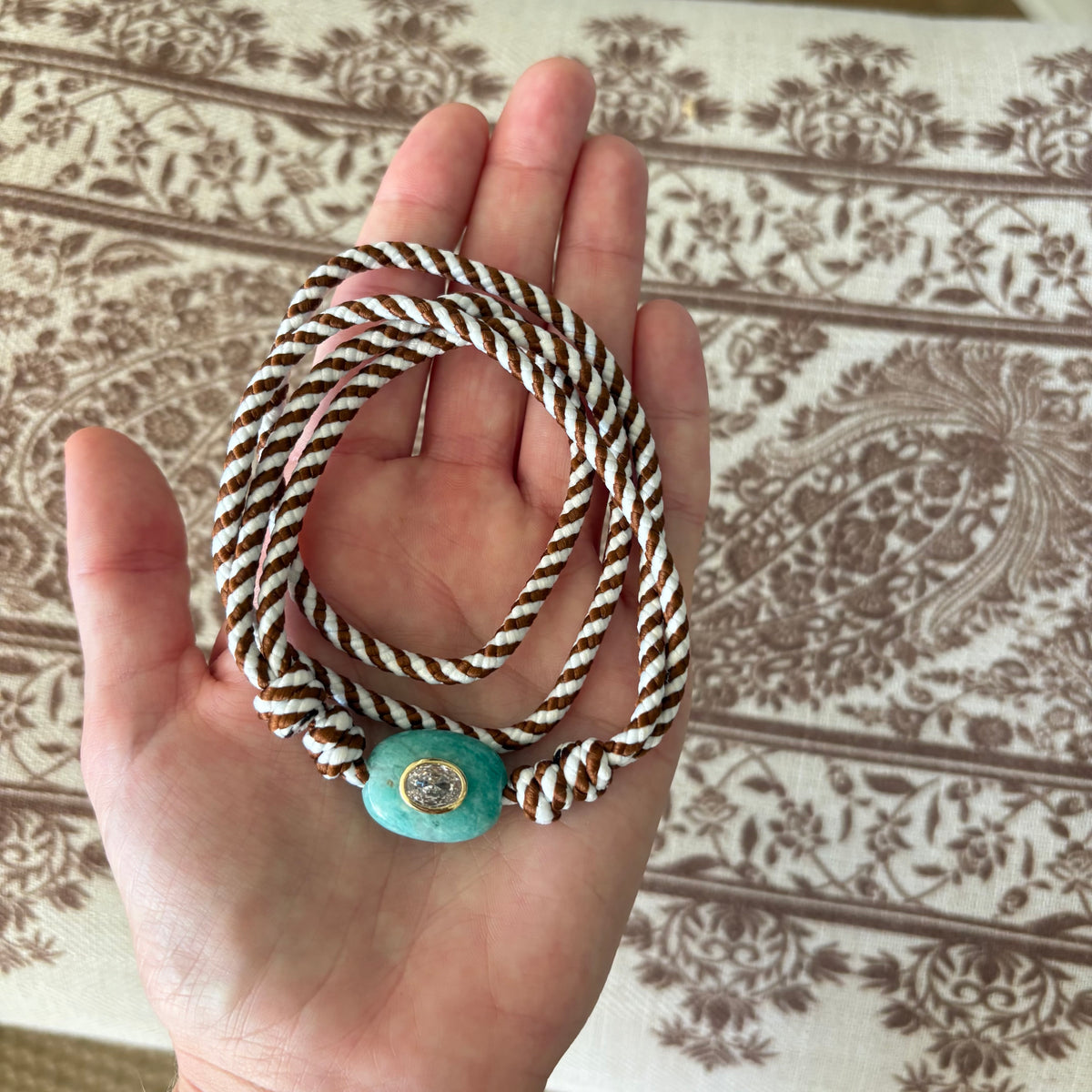 Brown stripe cord necklace with blue Amazonite stone