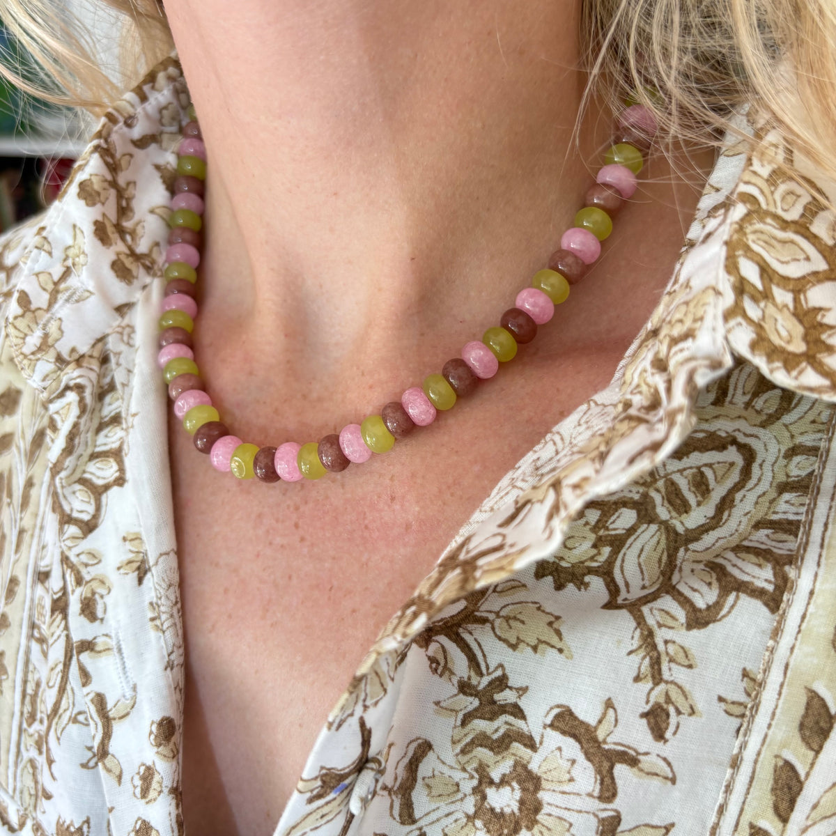 Bennet brown pink and chartreuse necklace