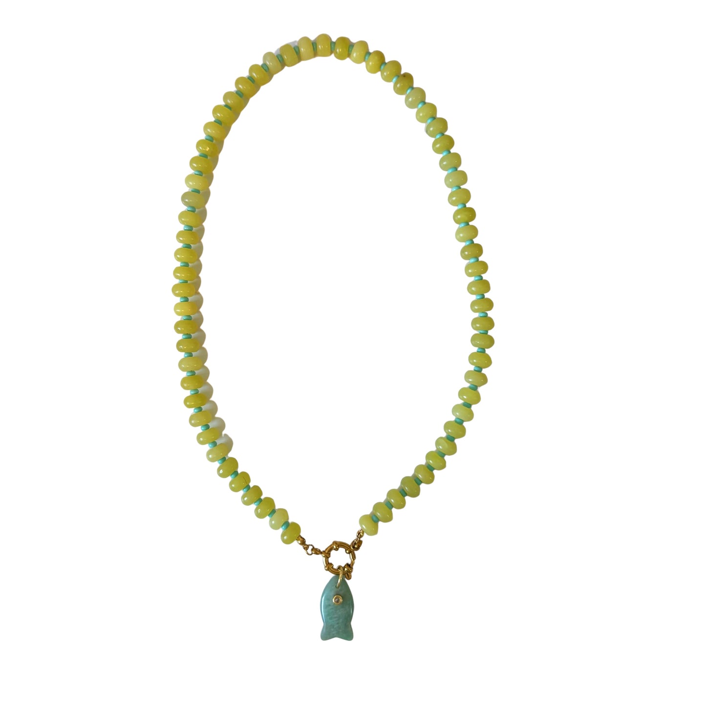 Lele beaded fish necklace chartreuse stones ships JULY 15