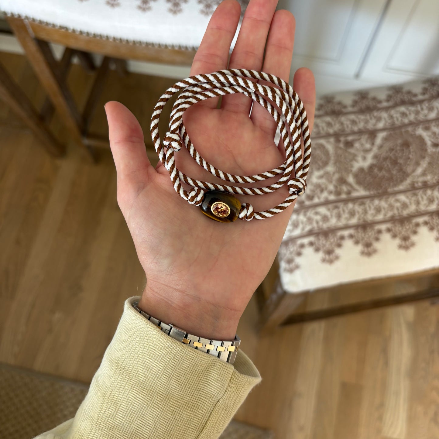 Brown stripe cord necklace with natural brown stone