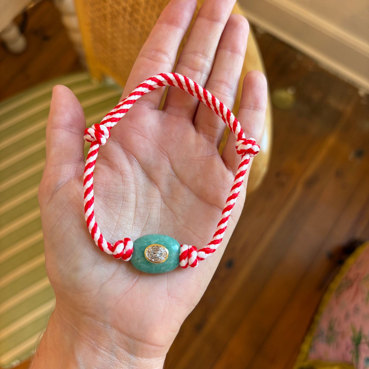 Red stripe cord anklet with amazonite stone