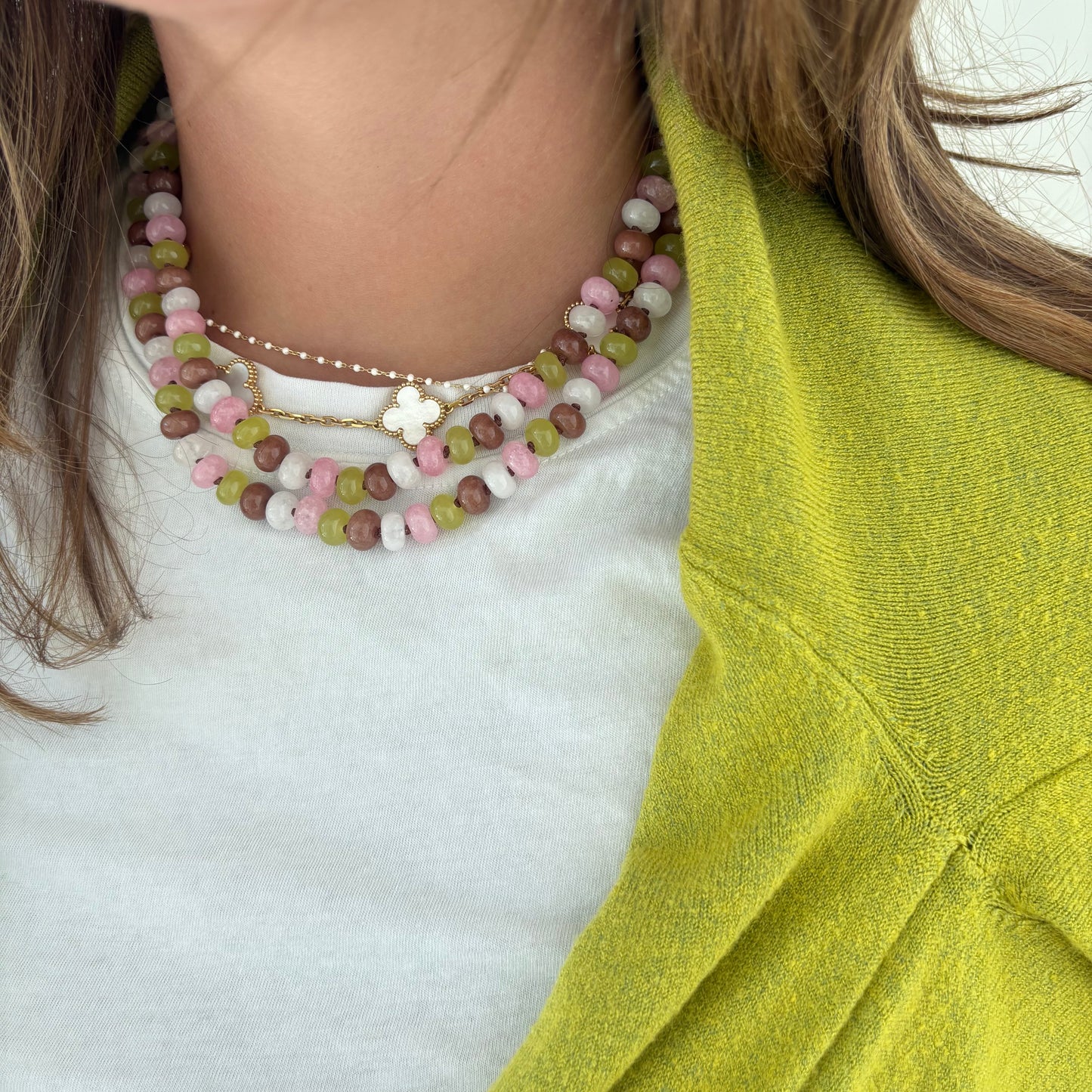 Celia hand knotted necklace chartreuse brown and pink stones